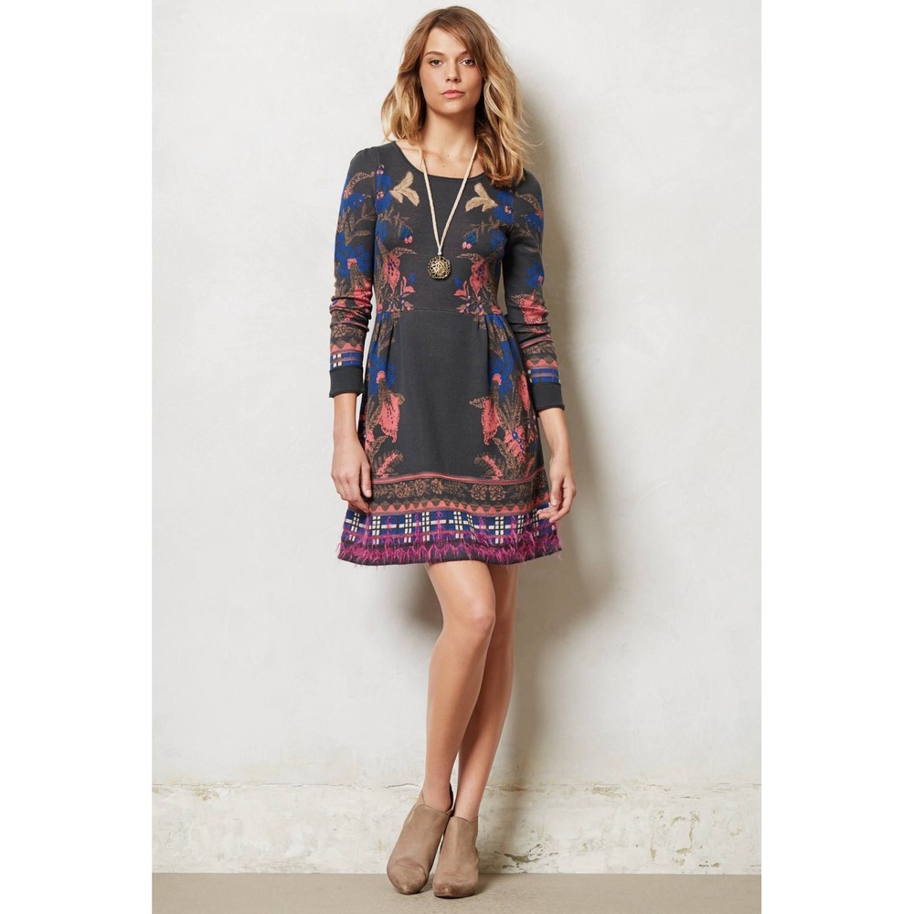 Knitted & Knotted Petalblush Sweater Dress Women L Gray Floral Knit Boho Mini